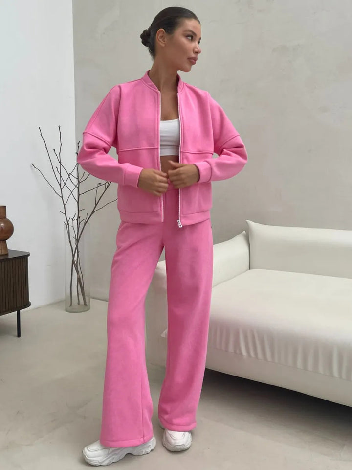 Damen Zweiteiliges Loungewear-Set mit kurzem Bomber-Zip und weiter hochgeschnittener Jogginghose – Auréline