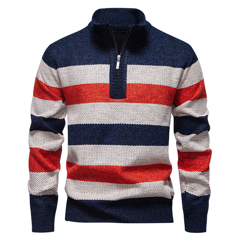 Herren modischer Strickpullover mit halbem Reißverschluss und gestreiftem Muster Echoarchiv