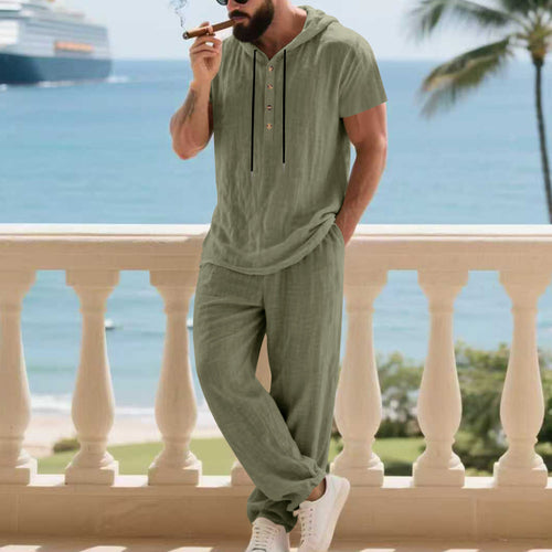 Herren komfortables Freizeit-Set mit modischem Henley-Oberteil und lockeren Hosen Echoarchiv