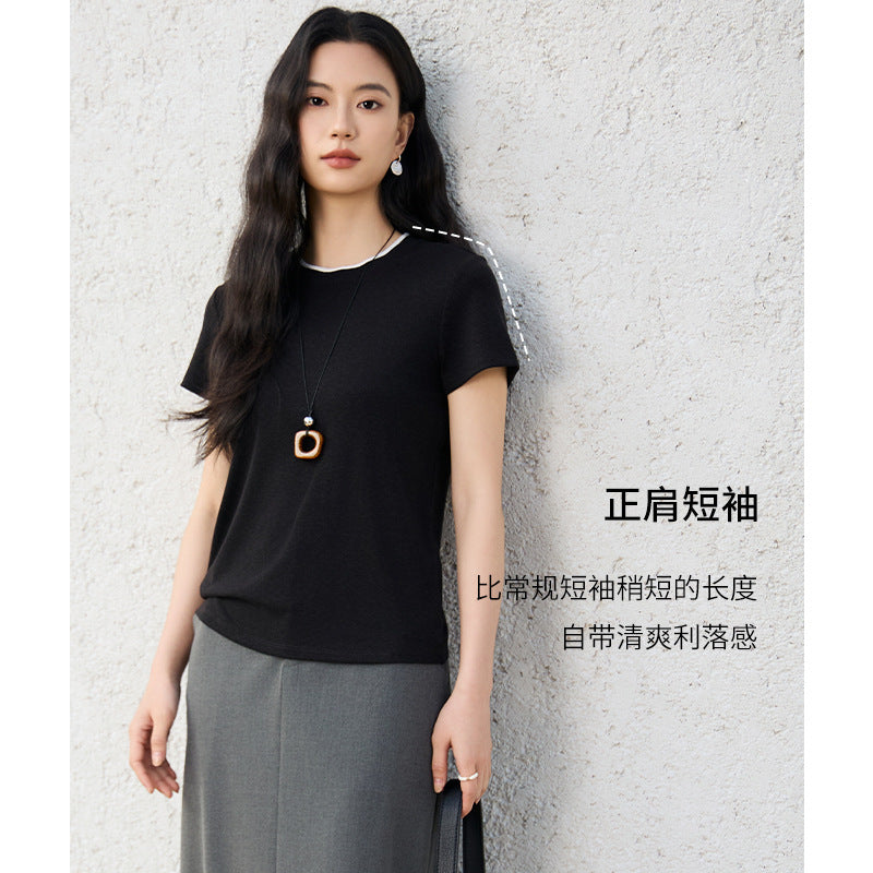 Damen Feines geripptes Kurzarm-T-Shirt aus stretchigem Baumwoll-Modal mit Rundhals Echo Archiv