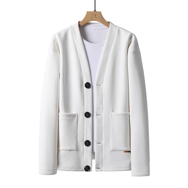 Leichte Strickjacke für Herren mit V-Ausschnitt, Knopfleiste und aufgesetzten Taschen – Marzano