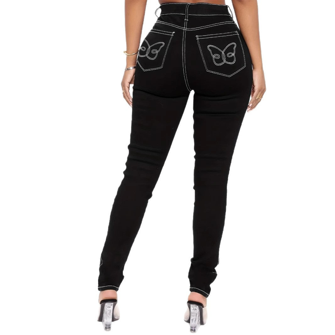 Damen Hochgeschnittene Sculpting-Skinny-Jeans mit kontrastierter Nahtführung und Schmetterlings-Stickerei Echo Archiv