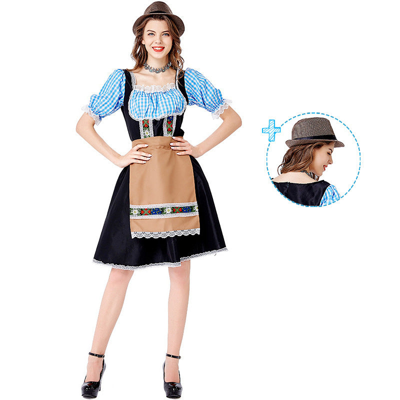 Damen nan folklorisches Oktoberfest-Kostüm im Dirndlstil mit Carmenbluse geschnürtem Mieder und bestickter Schürze Echo Archiv