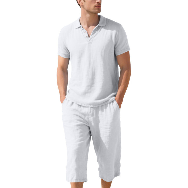 Herren lässiges Kurzarm-Polohemd mit elastischen Leinen-Shorts Echoarchiv