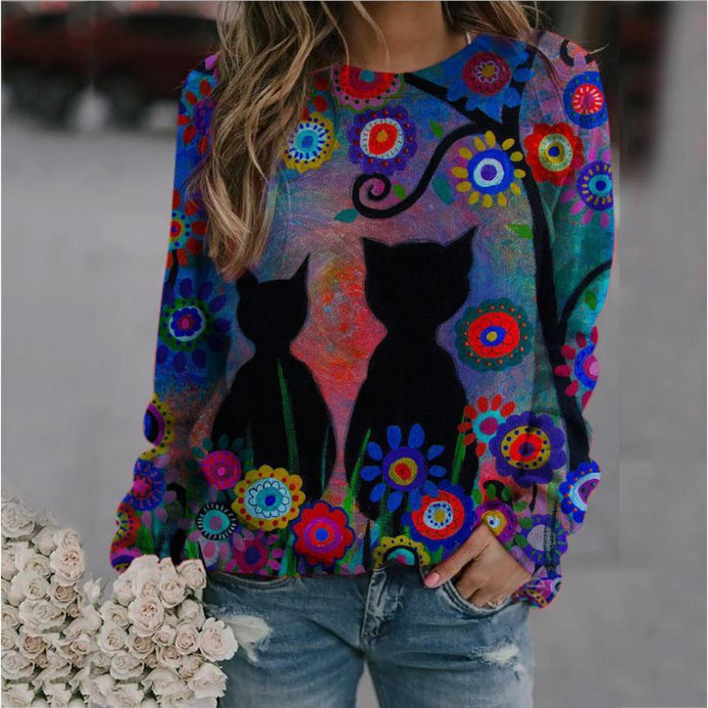 Damen Oversized-Sweatshirt mit künstlerischem Katzen-Print und floraler Musterung – Avérine
