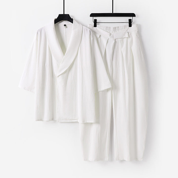 Damen Zweiteiliges Kimono-Loungewear-Set mit Schalkragen Kurzarm-Oberteil und hochtaillierter Plissee-Hose Echoarchiv