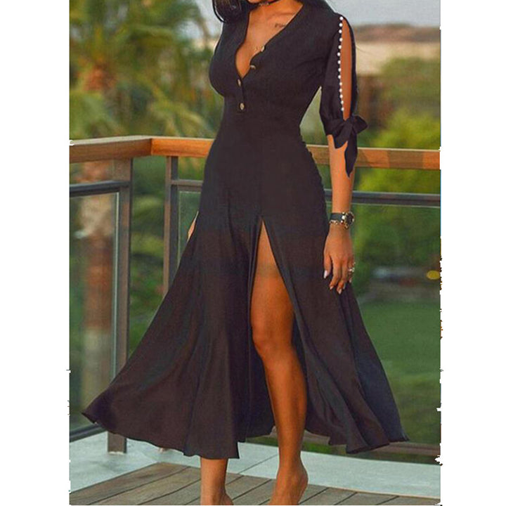 Damen nan Maxikleid im Abendlook mit tiefem V-Ausschnitt, hohen Frontschlitzen und geknoteten Cut-Out-Ärmeln Echo Archiv