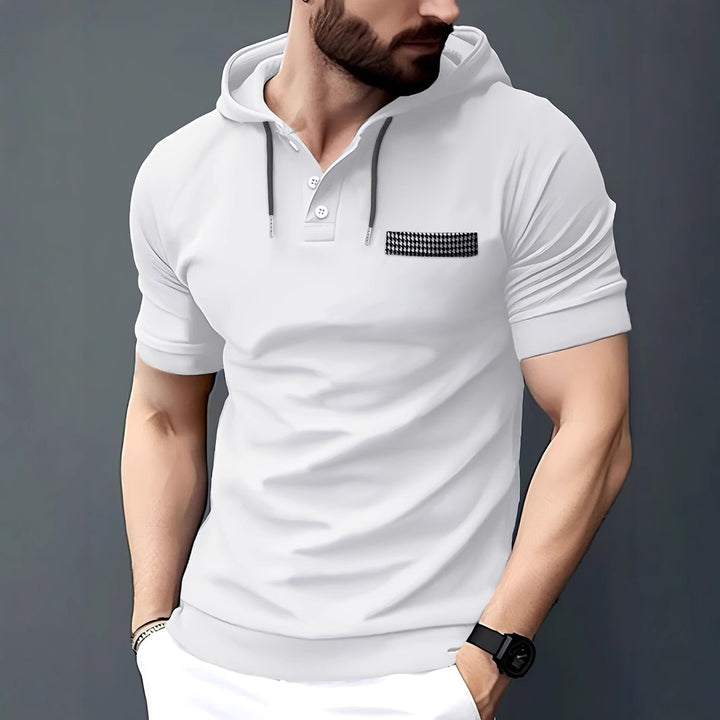 Stylisches Herren Polo mit kurzem Arm und Kapuze mit Kontrasttasche Echoarchiv