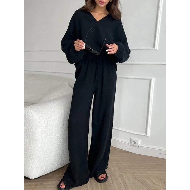 Damen Leichtes Crinkle-Lounge-Set mit V-Ausschnitt und weiter High-Waist-Hose Echo Archiv