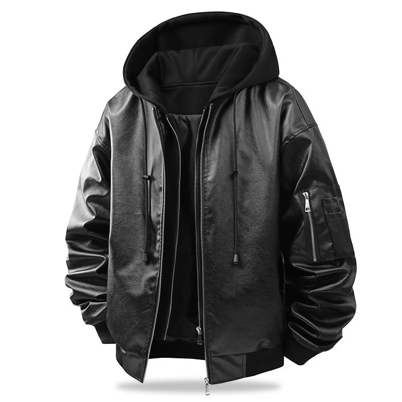 Herren Oversized Kunstleder-Bomberjacke mit Kapuze, Ärmeltasche und Reißverschluss Echo Archiv