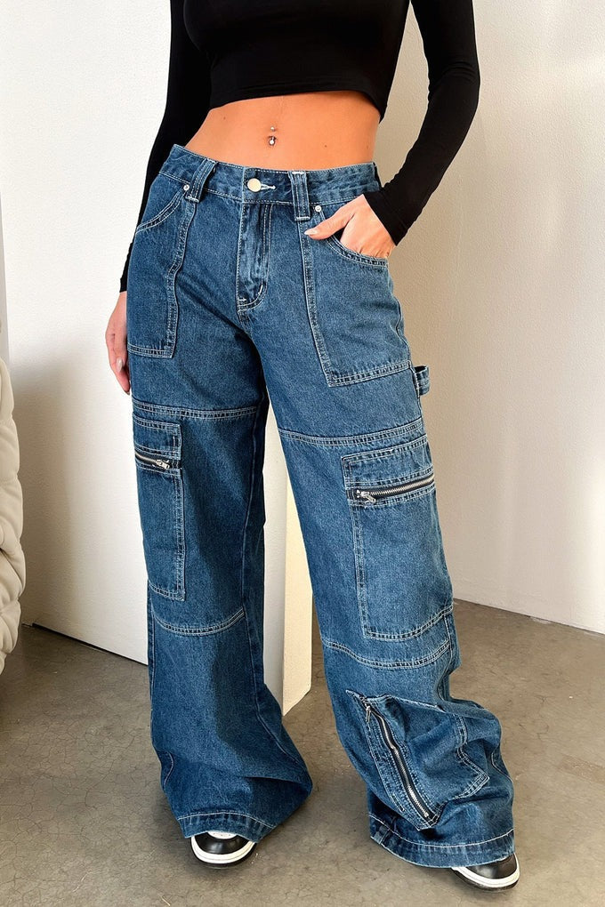 Damen nan weiten Cargo-Jeans mit mehreren Reißverschluss-Taschen und hoher Taille Echo Archiv