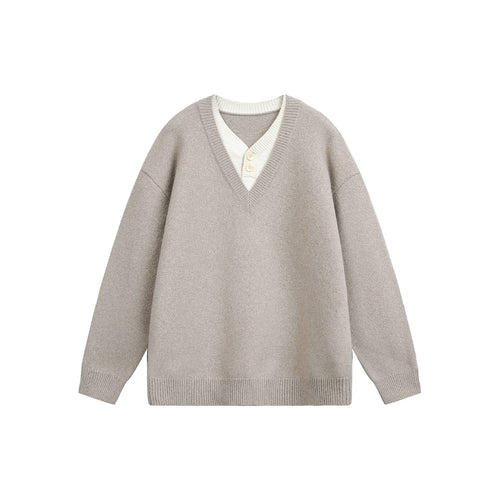 Damen Oversize V Neck Strickpullover mit Henley-Optik und gerippten Bündchen Echoarchiv