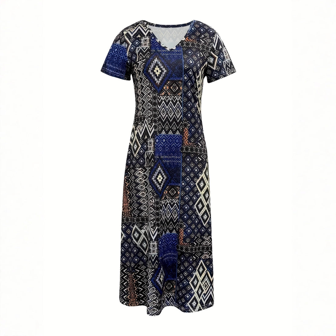 Damen Maxikleid mit geometrischem Muster und V-Ausschnitt – Valéora