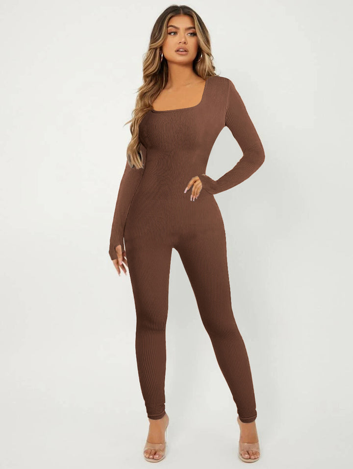 Damen Rippstrick Skinny Jumpsuit mit Quadratischem Ausschnitt, Langen Ärmeln und Daumenloch – Solévia