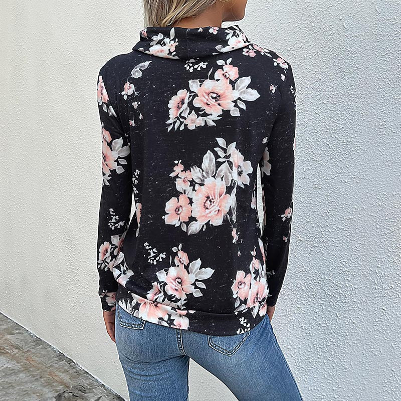 Damen Floraler Leichter Kapuzenpullover mit Wasserfallkragen und Tunnelzug Echoarchiv