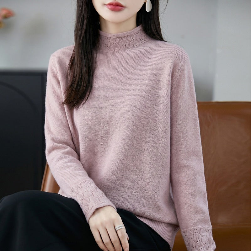 Damen Mockneck-Feinstrickpullover mit Ajour-Detail an Kragen und Bündchen Echoarchiv