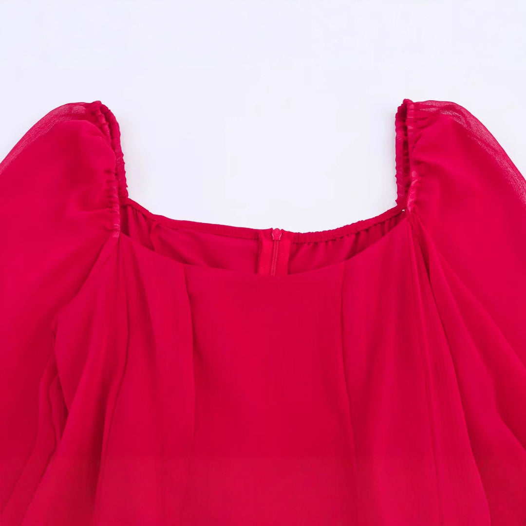 Damen langes Abendkleid mit ausgestelltem Rock, voluminösen Ballonärmeln und quadratischem Ausschnitt – Valéora