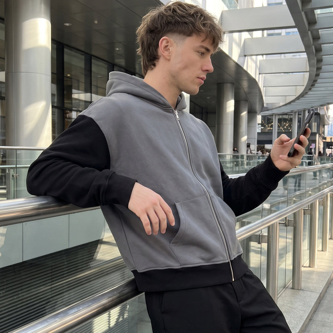 Herren Reißverschluss-Kapuzenjacke im Colorblock-Stil aus French-Terry mit Kängurutasche Echo Archiv