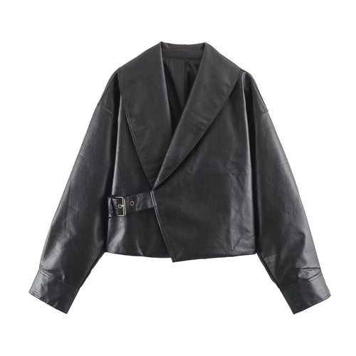 Damen Kurzer Kunstleder-Blouson mit übergroßem Schalkragen und Taillenriemen Echo Archiv