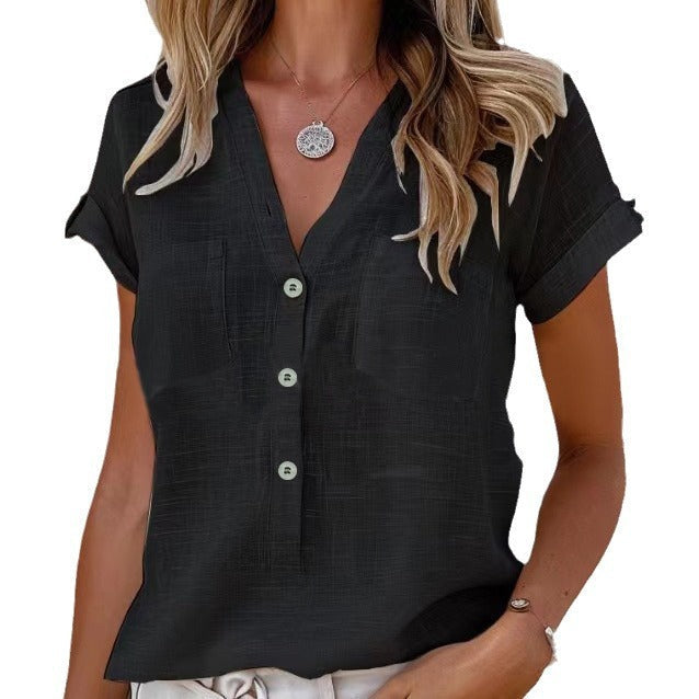 Damen Kurzarm Leinenbluse mit Knopfdetails Echoarchiv
