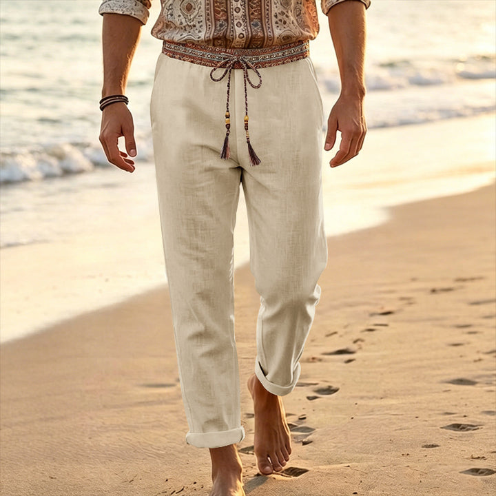 Herren nan maritime Leinen-Loungehose mit dekorativem Ethno-Bund, elastischem Tunnelzug und geradem Bein Echo Archiv