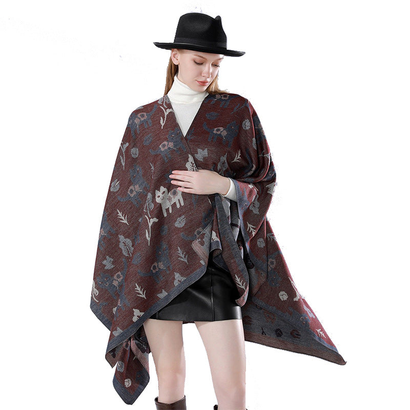Damen Oversized Ruana im Jacquard mit Katzen- & Blumenmotiv Echo Archiv