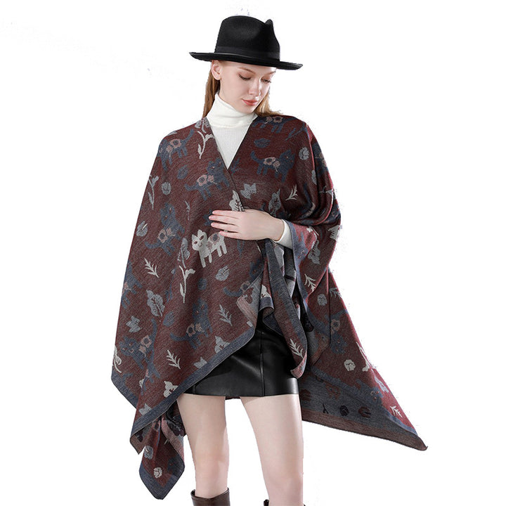 Damen Oversized Ruana im Jacquard mit Katzen- & Blumenmotiv Echo Archiv