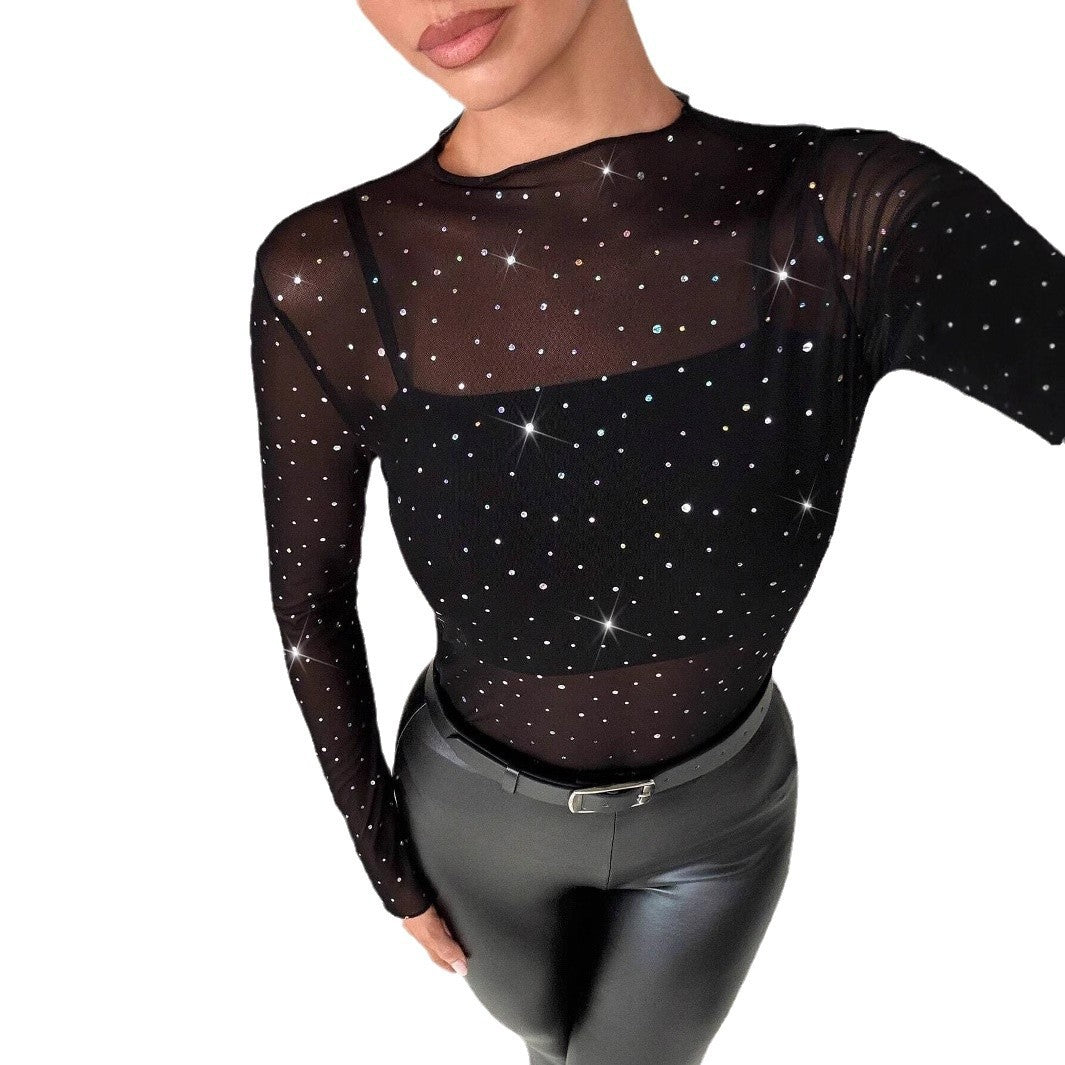 Damen nan transparentes Langarm-Netzshirt mit Strassapplikationen und integriertem Untertop Echo Archiv