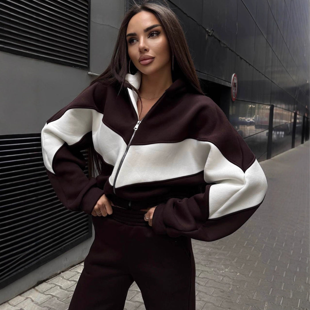 Damen Athleisure-Zweiteiler aus schwerem Neopren-Fleece mit geometrischen Teilungsnähten und hoher Taille – Avérine