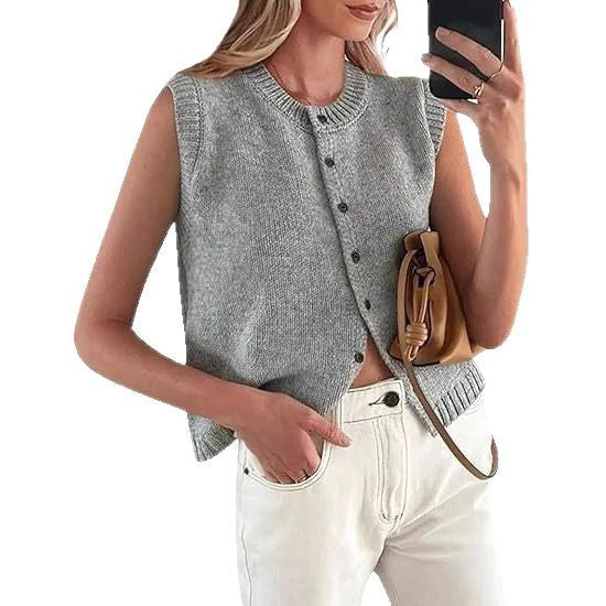 Damen lässige Strickweste mit Knopfleiste und Rundhalsausschnitt – Veloura