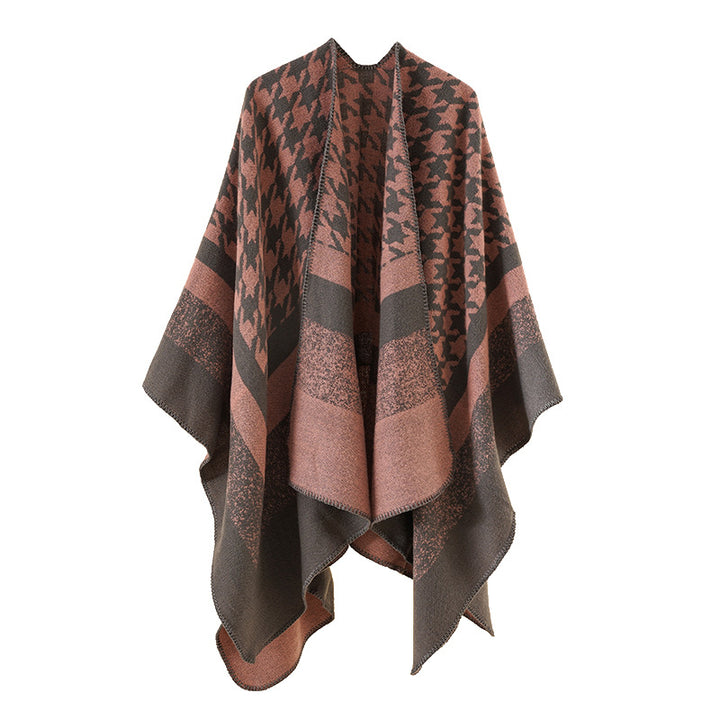 Damen Oversize‑Ruana‑Poncho aus Wollmix mit Hahnentritt- und Blockjacquard – Célinea