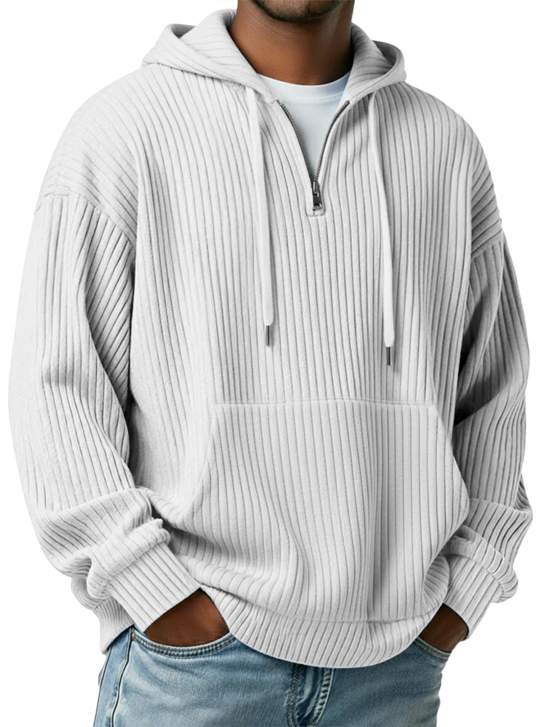 Herren gerippter Halfzip-Hoodie mit Kapuze, Kängurutasche und oversized Casual-Schnitt – Cavarno