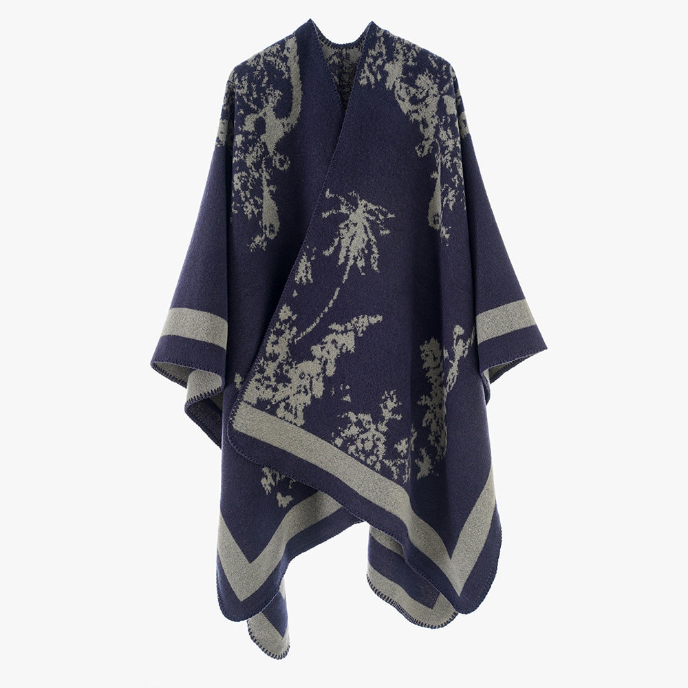Damen Eleganter Cape‑Poncho im Kimono‑Schnitt mit Jacquard‑Strick – Avérine