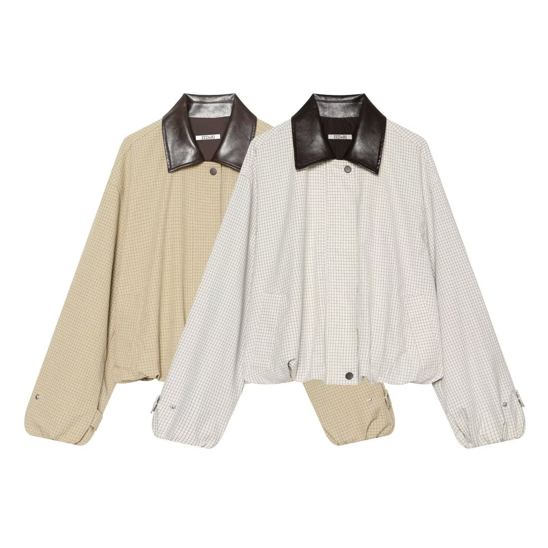 Damen Kurzgeschnittener Karierter Blouson mit kontrastierendem Lederkragen Echo Archiv