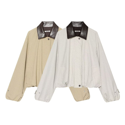 Damen Kurzgeschnittener Karierter Blouson mit kontrastierendem Lederkragen Echo Archiv