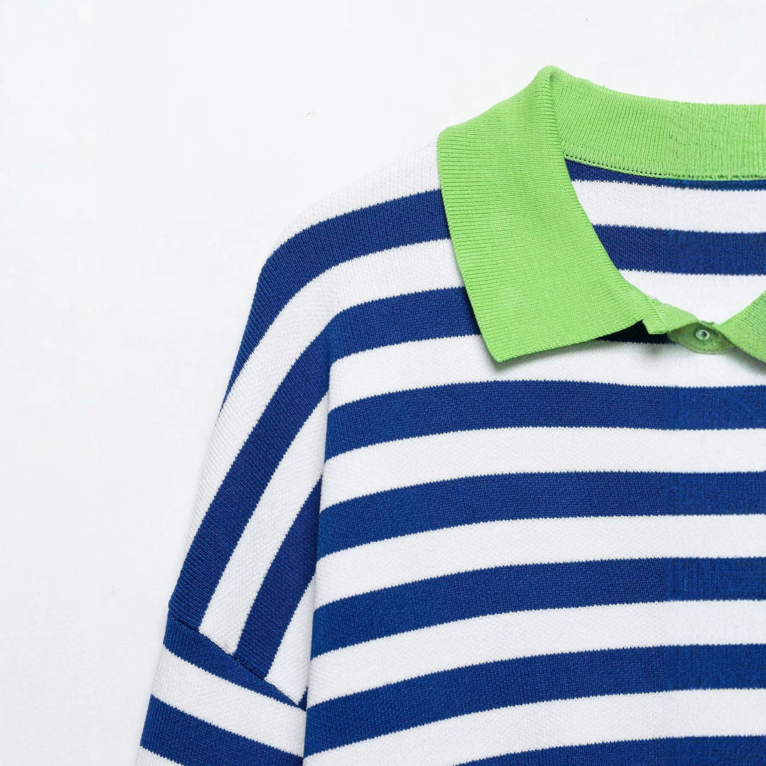 Damen Gestreifter Strickpolo-Sweater mit V-Ausschnitt und breitem Rippbund Echo Archiv