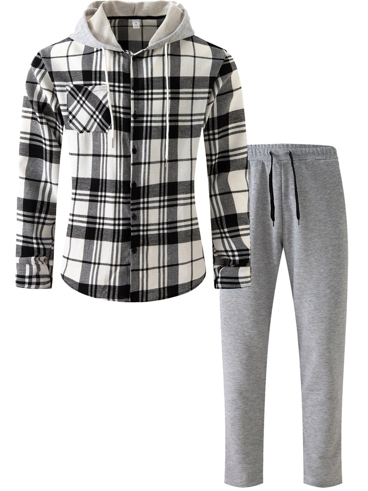 Herren lässiges Flanell-Hemd mit Kapuze und Jogginghose Set Echoarchiv
