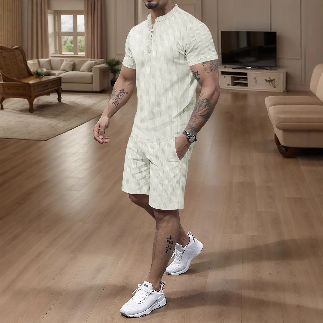 Herren modernes Kurzarm Jumpsuit mit aufgeknöpftem Stehkragen und strukturiertem Design Echoarchiv