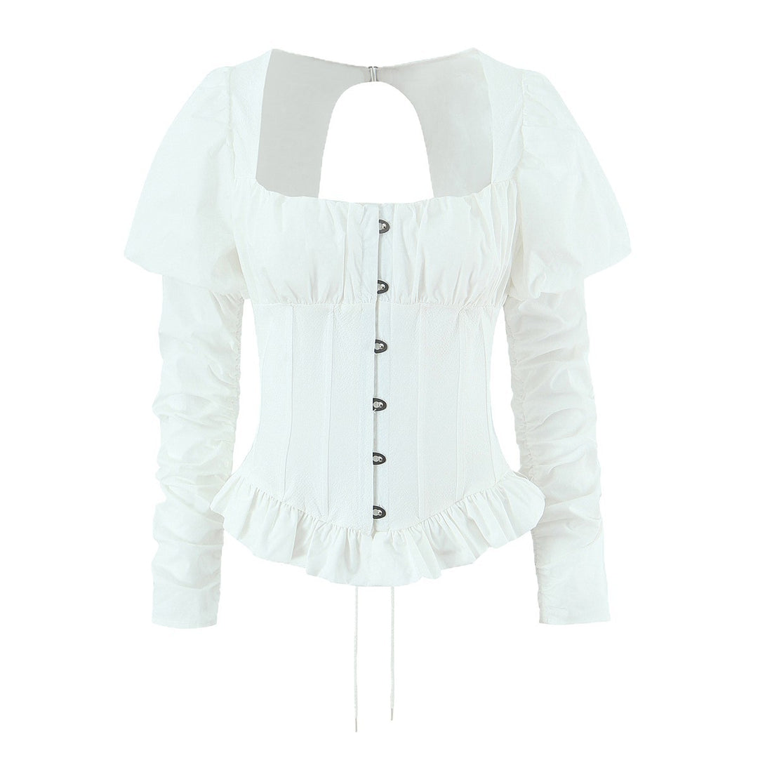 Damen Corsagenbluse mit Puffärmeln, Rüschen-Saum und Schnürdetail Echoarchiv