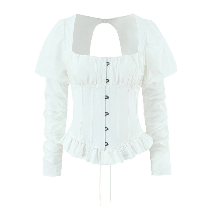 Damen Corsagenbluse mit Puffärmeln, Rüschen-Saum und Schnürdetail Echoarchiv