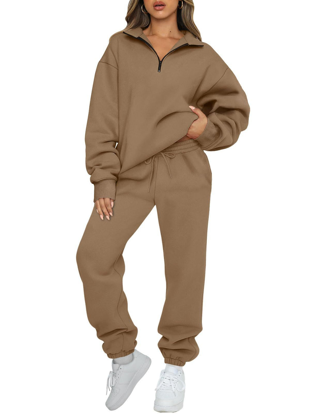 Damen nan Halbzip-Loungewear-Set mit übergroßem Kragenpullover und taillierter Jogginghose mit elastischem Bund Echo Archiv