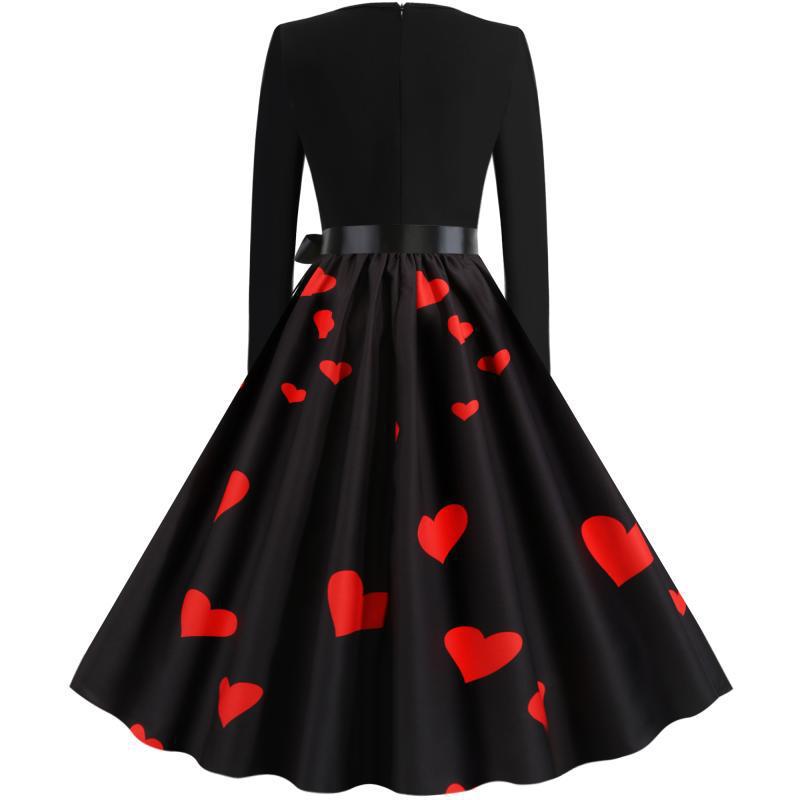 Damen Retro-Tellerkleid mit figurbetontem Oberteil, Satin-Taillengürtel und Katzen-Herz-Print – Élara