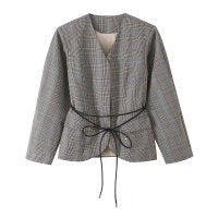 Damen Taillierte Glencheck-Blazerjacke mit V-Ausschnitt und Bindegürtel Echo Archiv