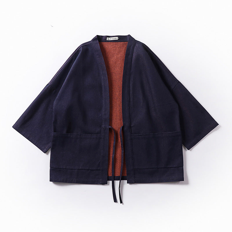 Unisex weit geschnittene Kimono-Jacke aus Baumwoll-Denim mit Bindeband und großen Aufgesetzten Taschen Echoarchiv