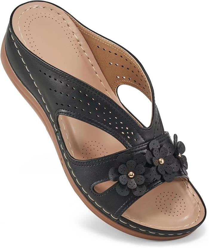 Damen Orthopädische Lederimitat-Pantolette mit Blumen‑Applikation und perforiertem Obermaterial – Sorelia