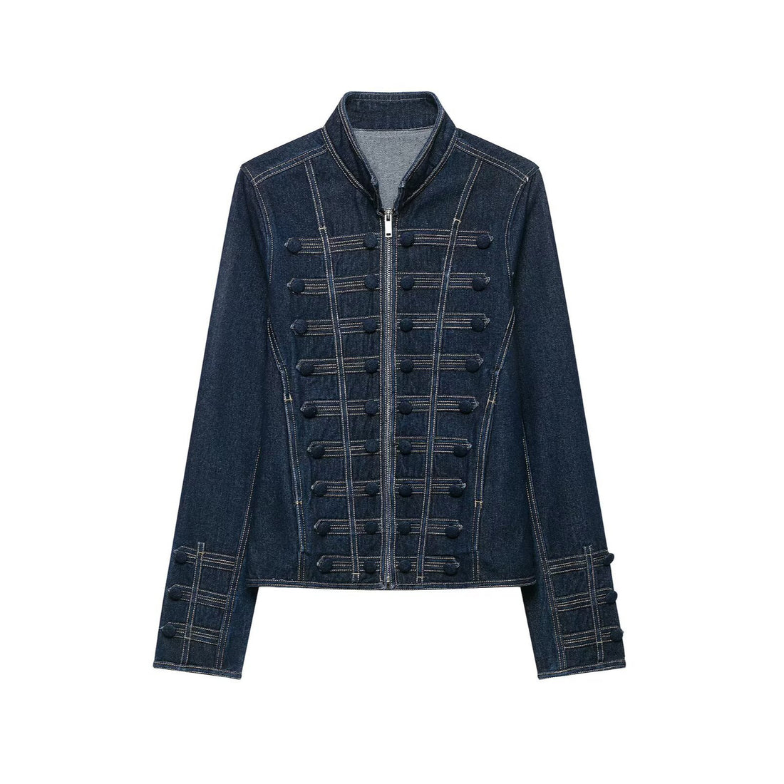 Damen Taillierte Denimjacke mit militärischen Galon‑Details und Stehkragen Echo Archiv