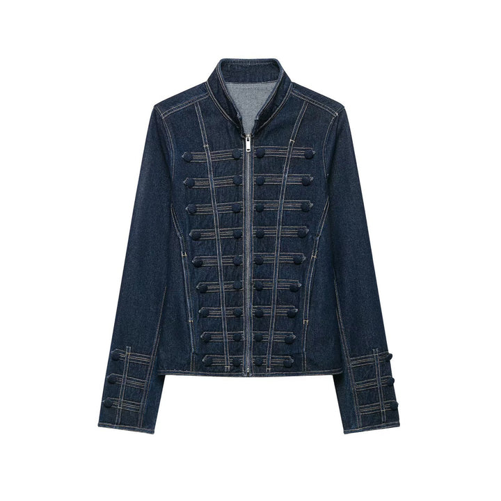 Damen Taillierte Denimjacke mit militärischen Galon‑Details und Stehkragen Echo Archiv