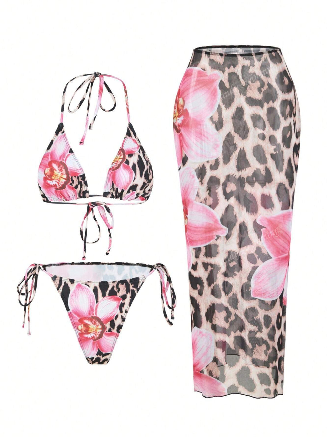 Damen Triangel-Bikini-Set mit floralen Mustern und transparentem Maxirock Echo Archiv
