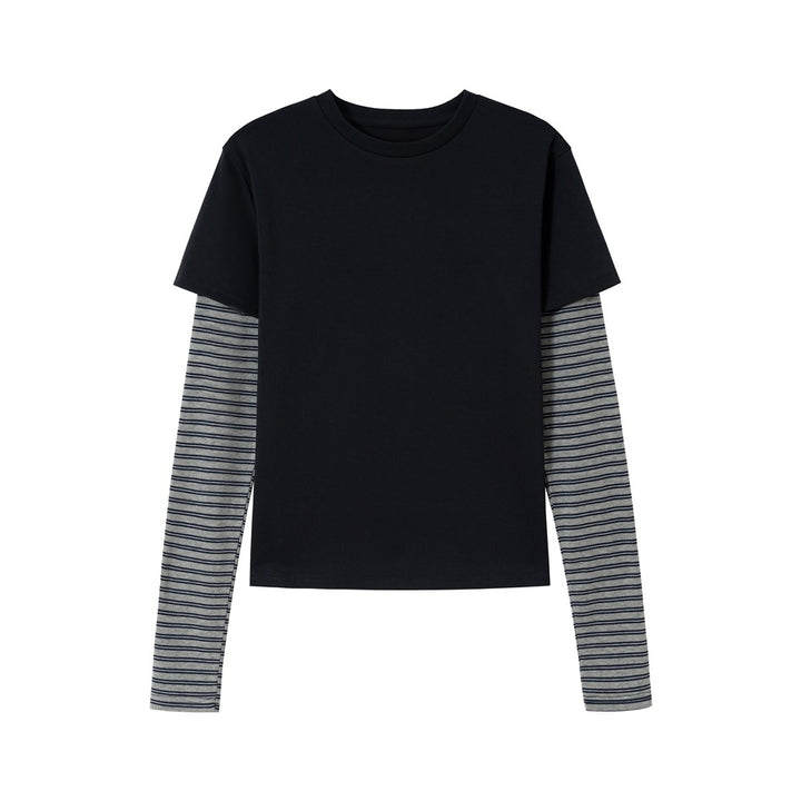 Unisex Layering-Langarmshirt mit gestreiften Einsatzärmeln und kurzärmeligem Overlay Echoarchiv