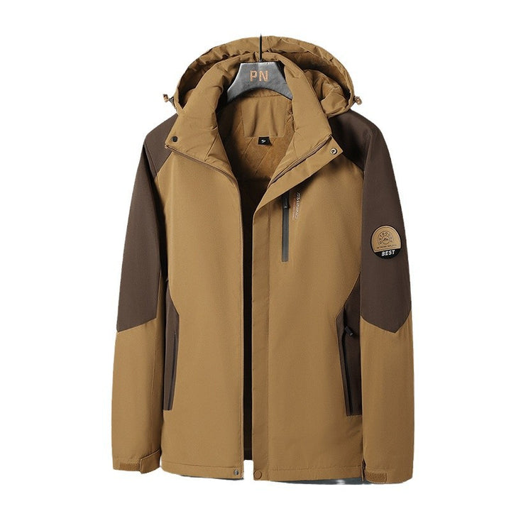 Herren zweifarbige Softshell-Outdoormantel mit winddichter Membran, verstellbarer Kapuze und verdeckter Brusttasche – Taviero